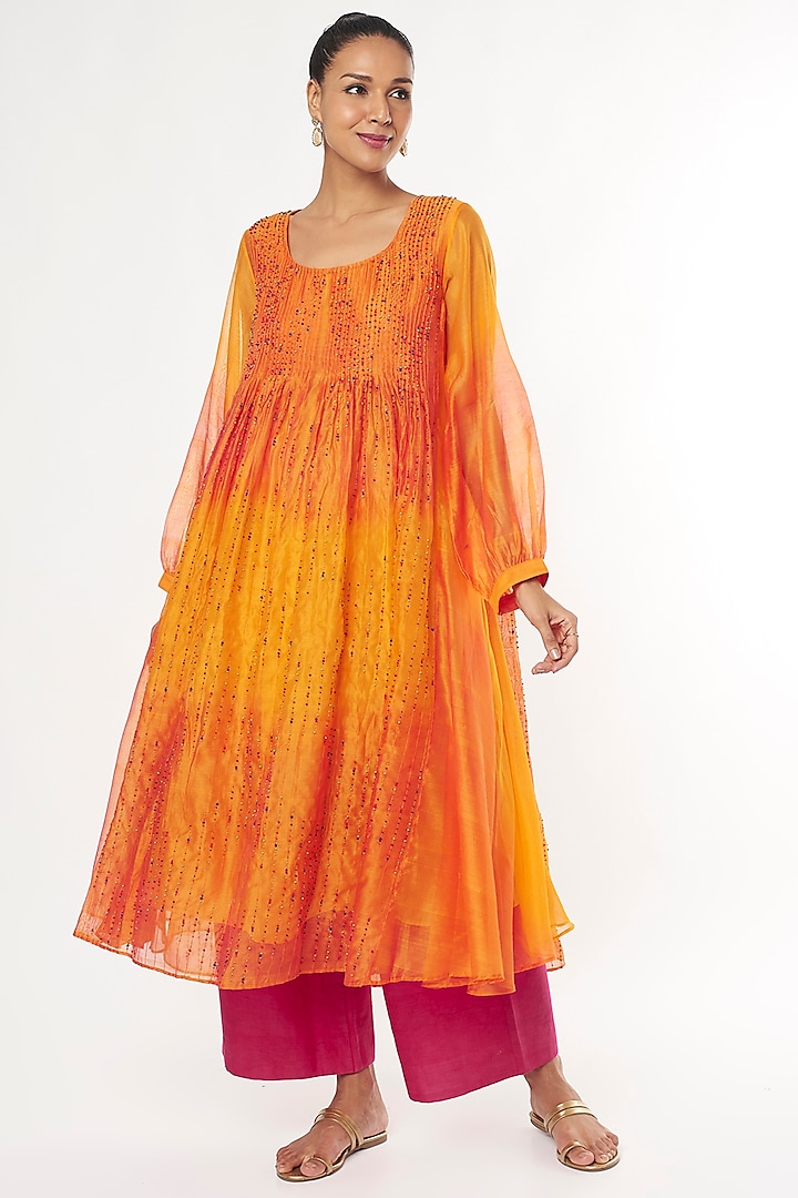 Yellow & Orange Embroidered Kurta Set by Amrich