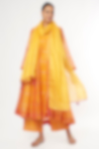 Yellow Silk Embroidered Handwoven Dupatta by Amrich