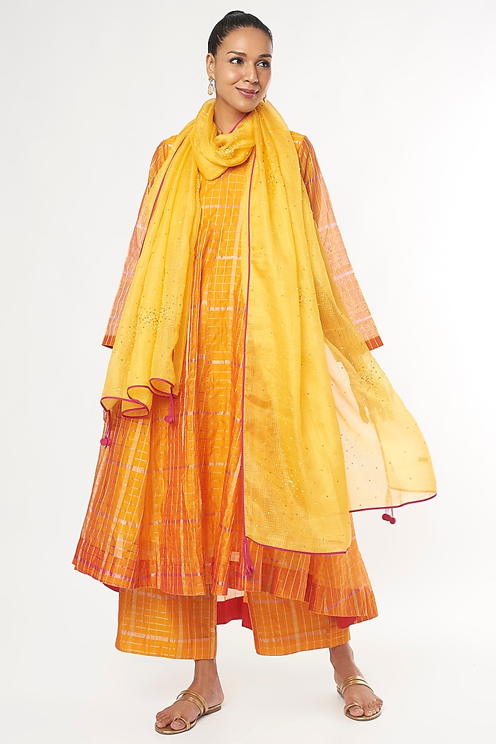 Yellow Silk Embroidered Handwoven Dupatta by Amrich