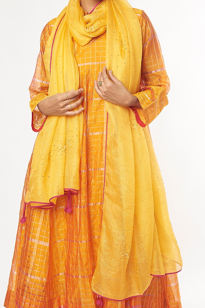 Yellow Silk Embroidered Handwoven Dupatta by Amrich at Pernia's Pop Up Shop