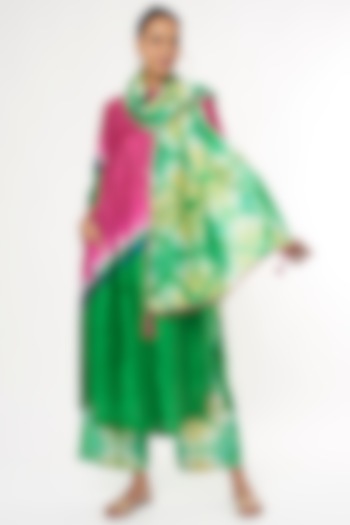 Pink & Green Handwoven Silk Kurta Set by Amrich
