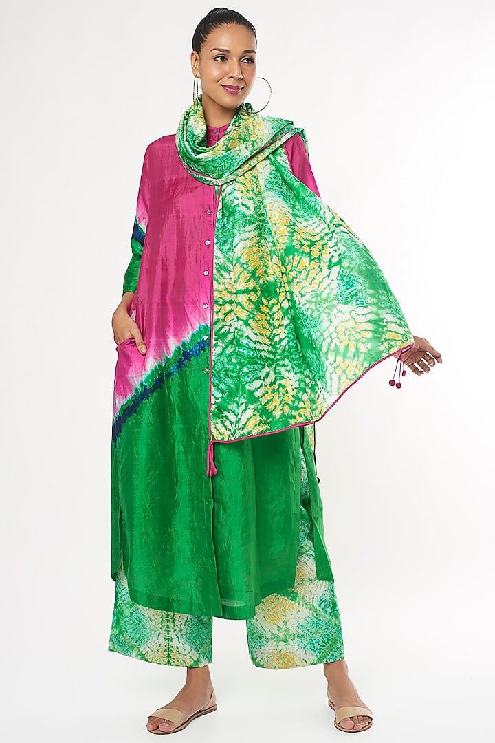 Pink & Green Handwoven Silk Kurta Set by Amrich
