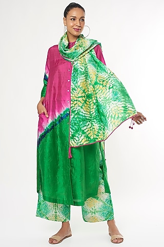 Pink & Green Handwoven Silk Kurta Set by Amrich