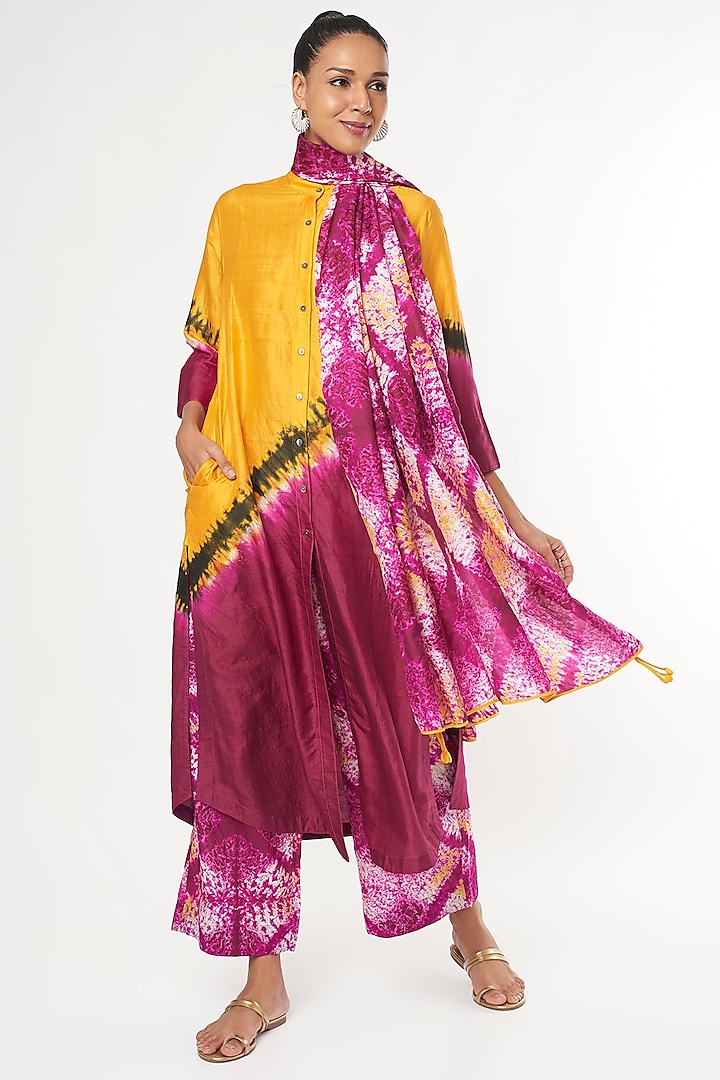 Yellow & Plum Handwoven Silk Kurta Set by Amrich