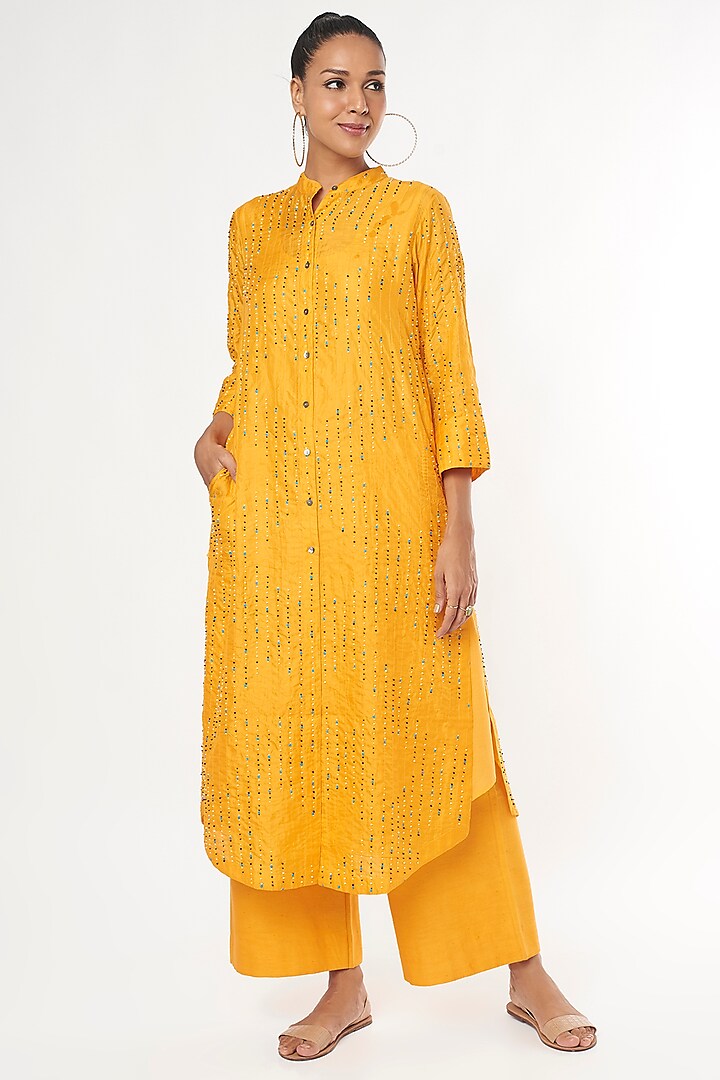Yellow Handwoven Silk Kurta by Amrich
