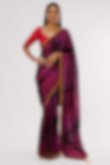 Dark Pink & Navy Handwoven Silk Saree Set by Amrich