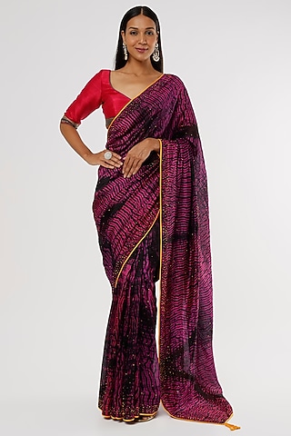 Dark Pink & Navy Handwoven Silk Saree Set by Amrich
