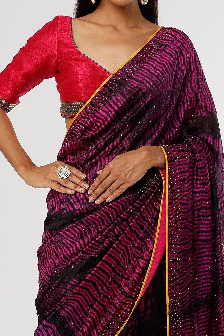 Dark Pink & Navy Handwoven Silk Wedding Saree Set by Amrich at Pernia's Pop Up Shop
