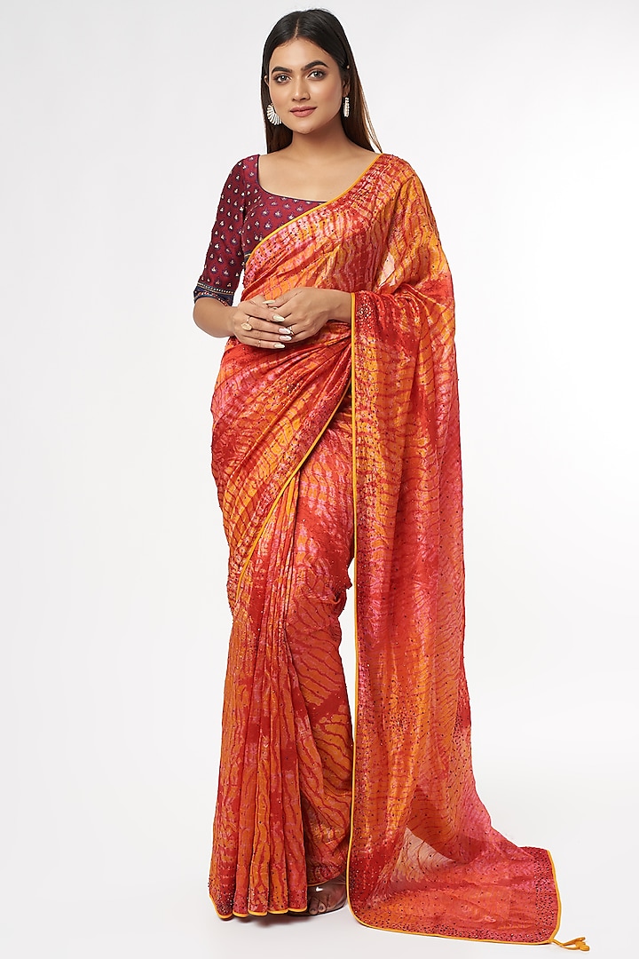 Orange & Red Handwoven Silk Saree Set by Amrich