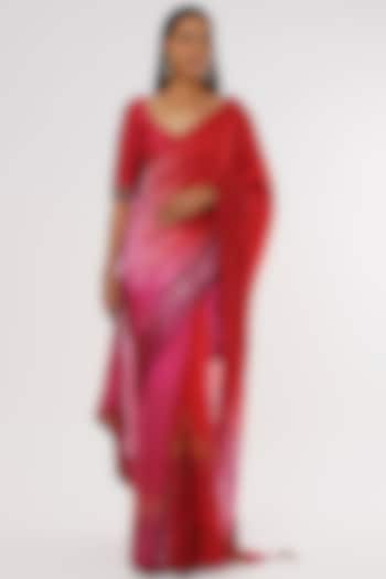 Red & Pink Shaded Handwoven Silk Saree Set by Amrich