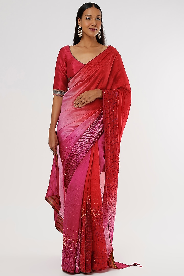 Red & Pink Shaded Handwoven Silk Saree Set by Amrich