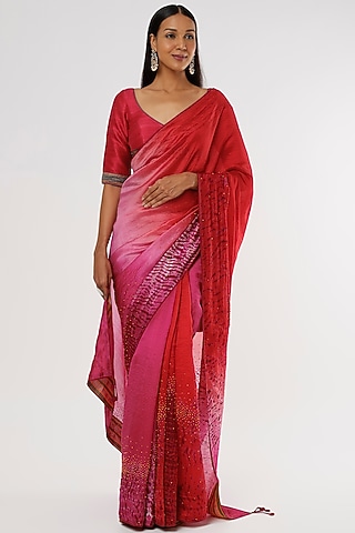 Red & Pink Shaded Handwoven Silk Saree Set by Amrich