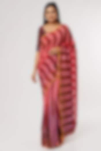 Magenta & Red Handwoven silk Handspun cotton Printed Saree Set by Amrich