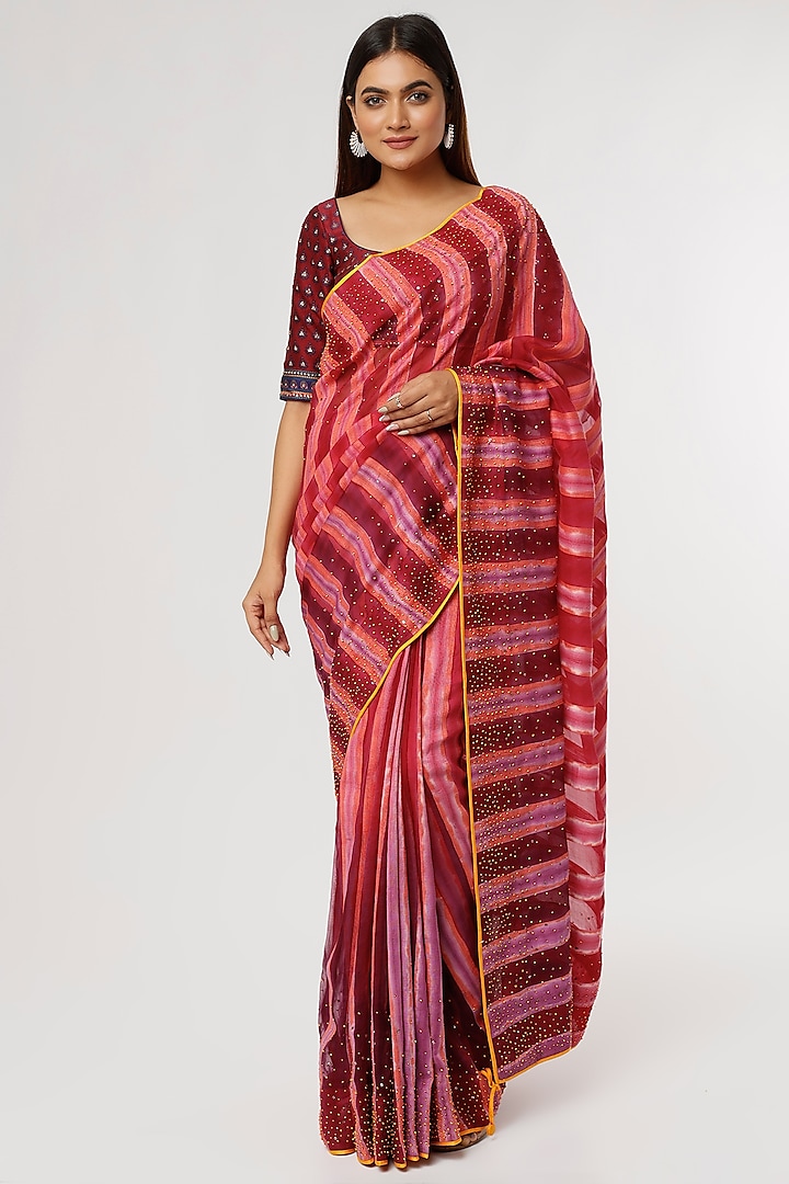 Magenta & Red Handwoven silk Handspun cotton Printed Saree Set by Amrich