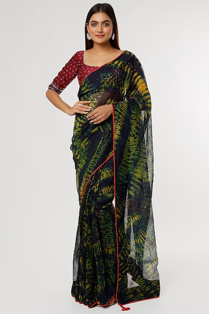 Dark Green & Navy Handwoven Silk Tie-Dye Printed Saree Set by Amrich