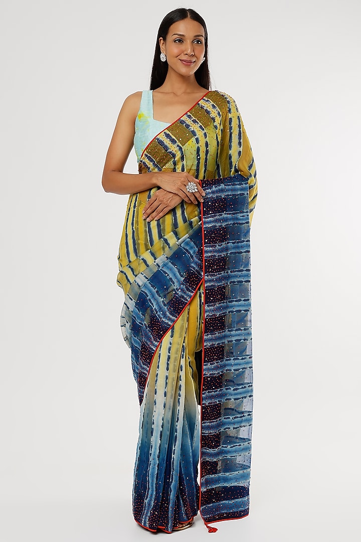 Green & Cobalt Blue Printed Saree Set by Amrich