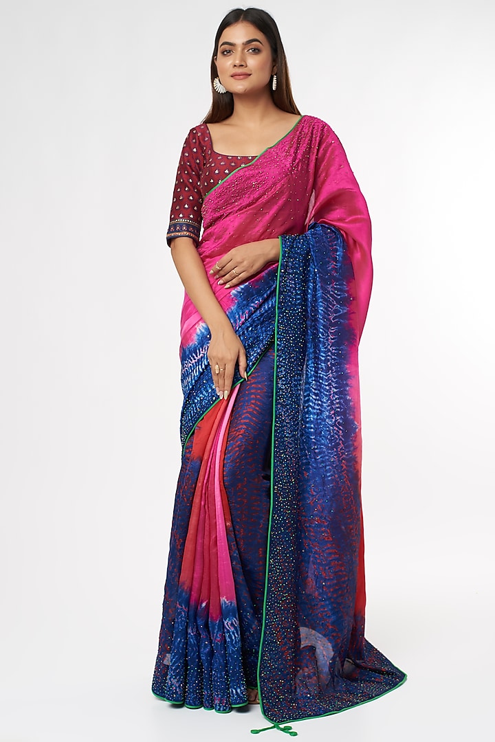 Fuchsia & Royal Blue Handwoven Silk Tie-Dye Printed Saree Set by Amrich