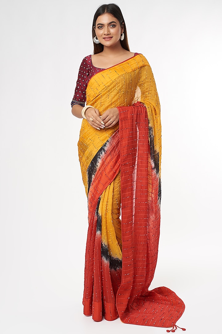 Yellow & Red Handwoven Silk Saree Set by Amrich