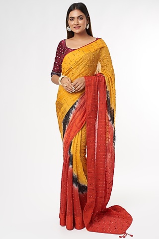Yellow & Red Handwoven Silk Saree Set by Amrich