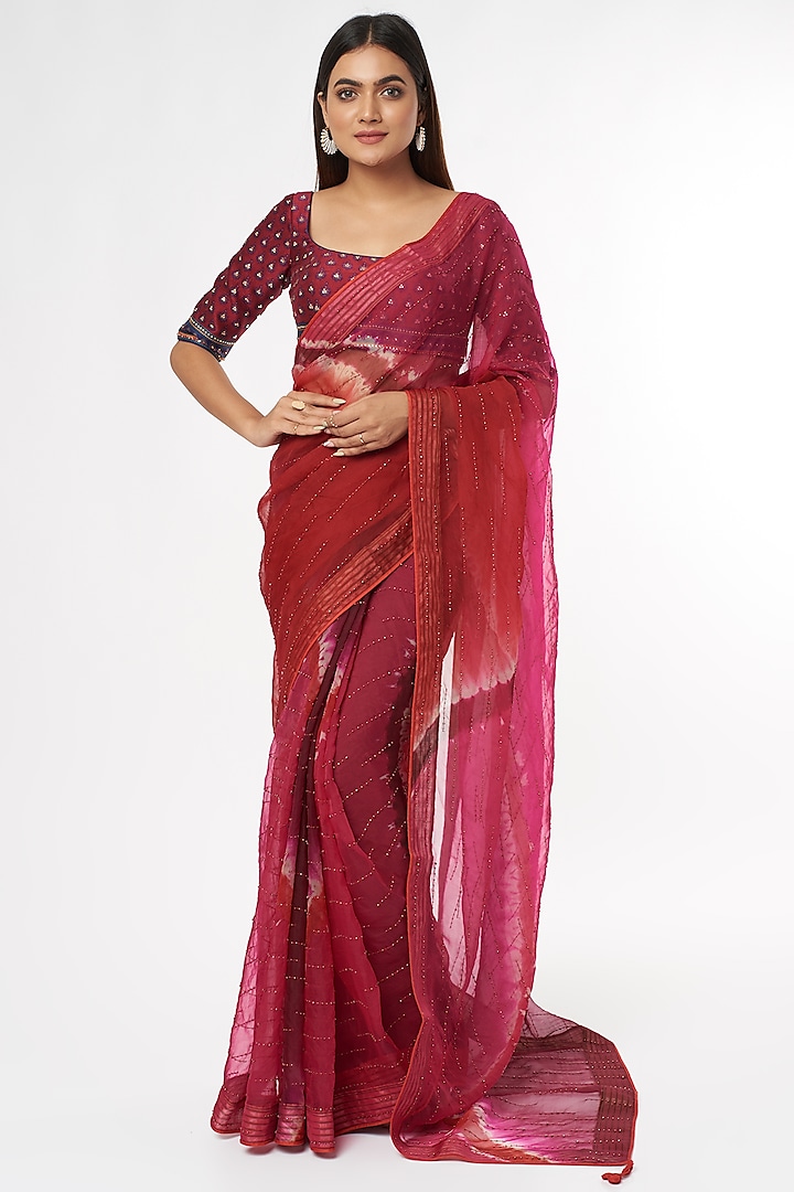 Plum Printed & Embroidered Saree Set by Amrich