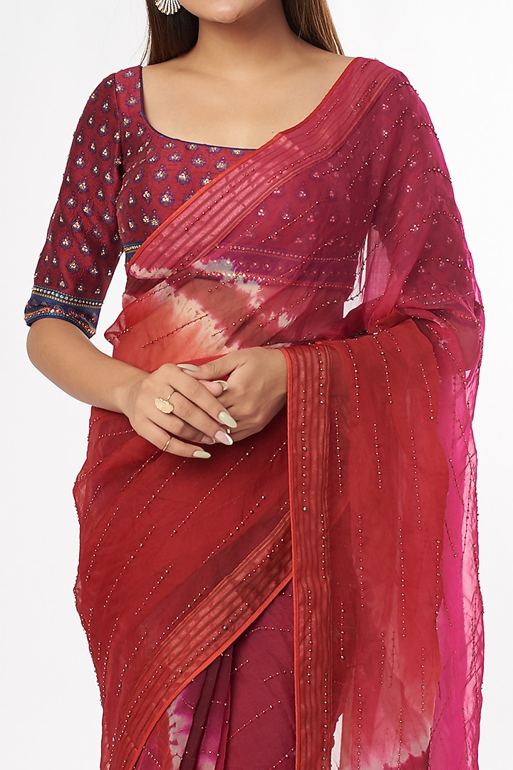 Plum Printed & Embroidered Wedding Saree Set by Amrich at Pernia's Pop Up Shop