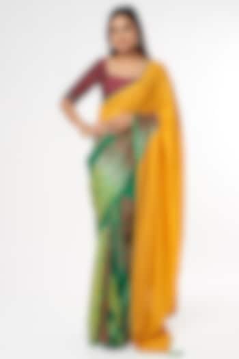 Yellow & Green Handwoven Silk Tie-Dye Printed Saree Set by Amrich