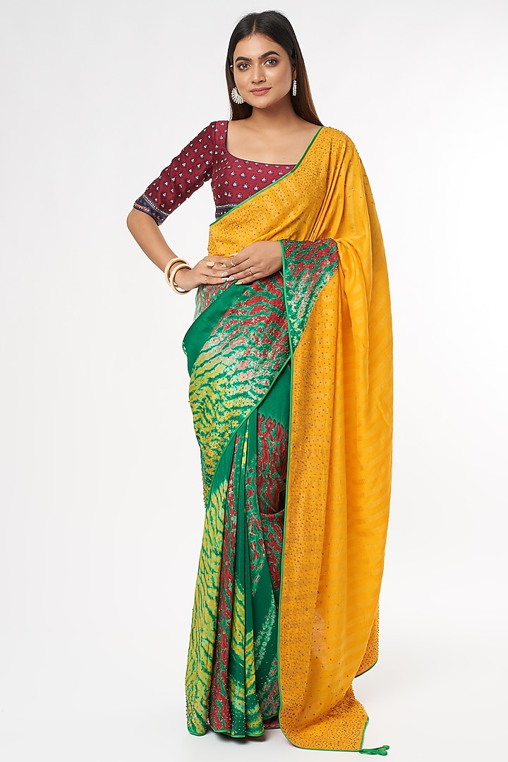 Yellow & Green Handwoven Silk Tie-Dye Printed Saree Set by Amrich