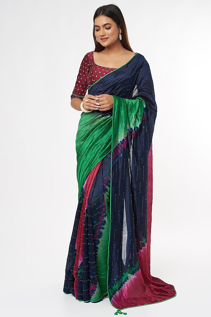 Midnight Blue & Green Handwoven Silk Saree Set by Amrich