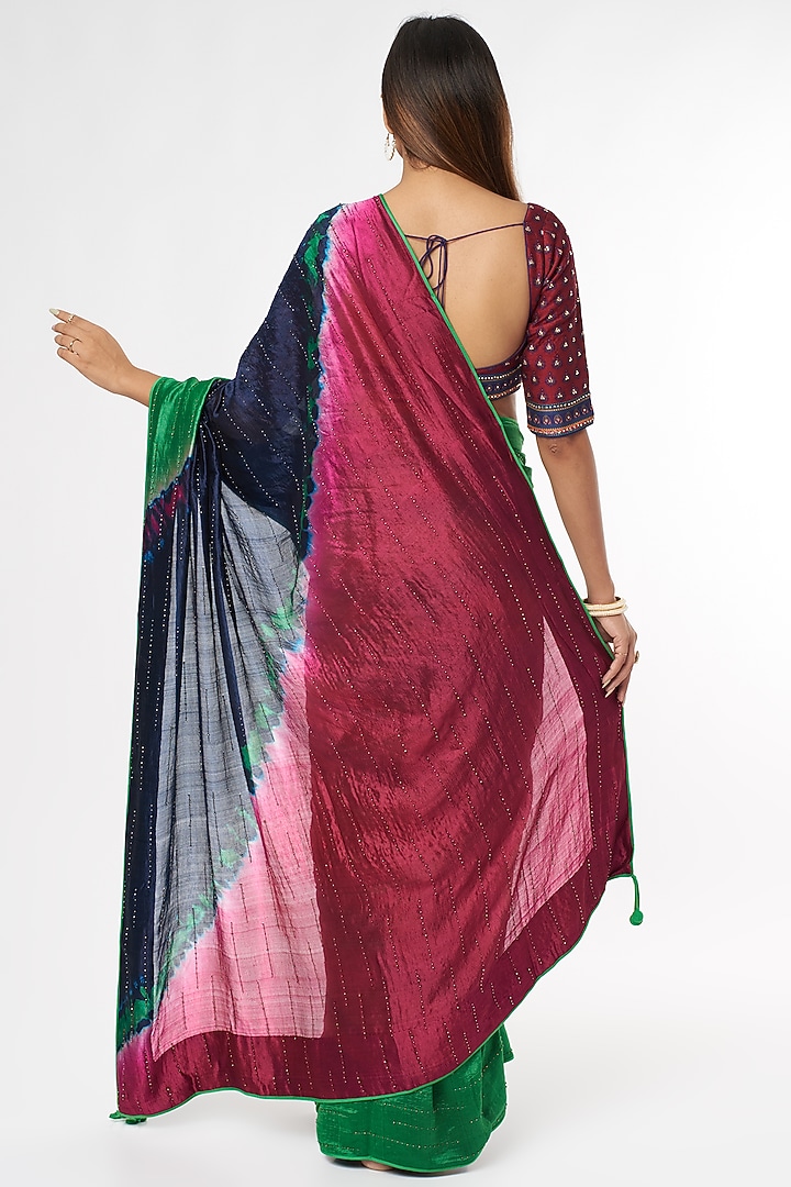 Midnight Blue & Green Handwoven Silk Wedding Saree Set by Amrich at Pernia's Pop Up Shop