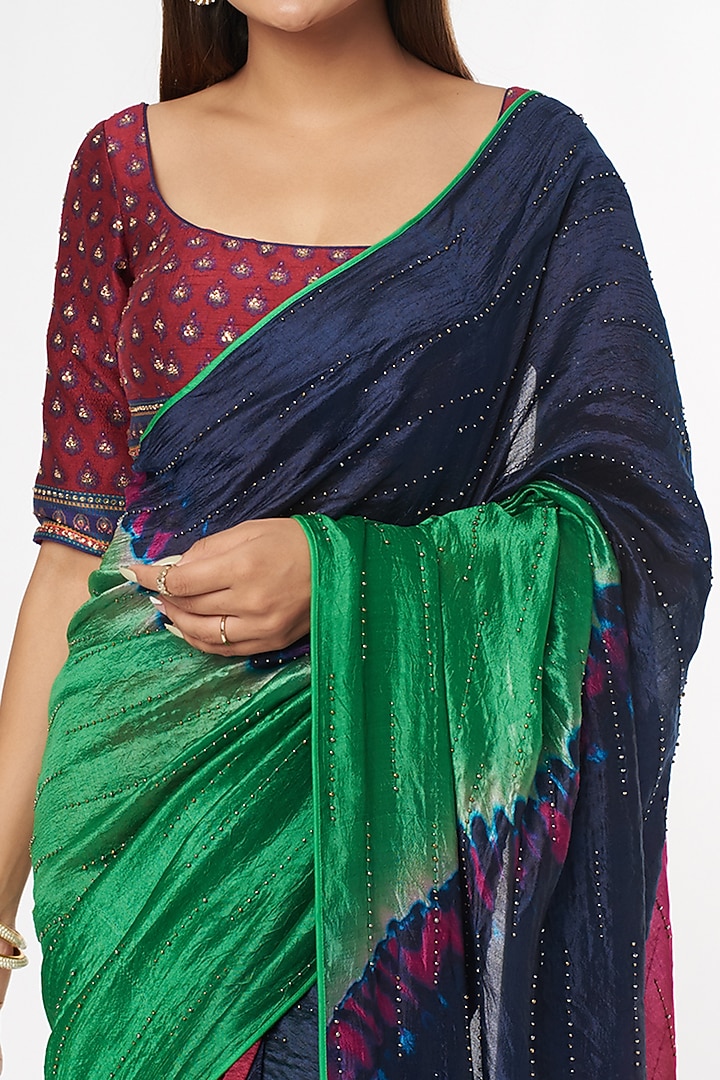Midnight Blue & Green Handwoven Silk Wedding Saree Set by Amrich at Pernia's Pop Up Shop