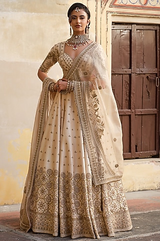 Ivory Raw Silk Zardosi Embellished Lehenga Set by AMRIN KHAN