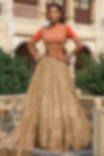 Gold Raw Silk Floral Hand Embroidered Bridal Lehenga Set by AMRIN KHAN at Pernia's Pop Up Shop