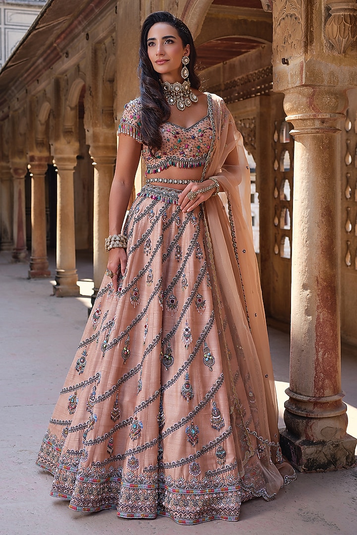 Blush Pink Raw Silk Swarovski Embroidered Bridal Lehenga Set by AMRIN KHAN at Pernia's Pop Up Shop