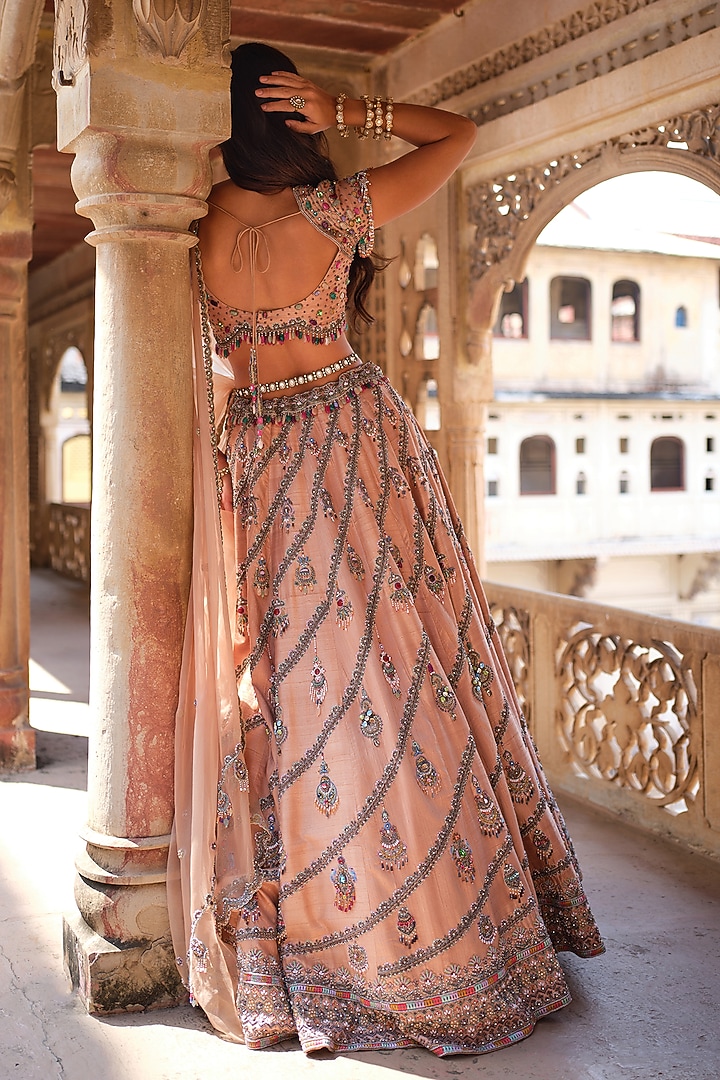 Blush Pink Raw Silk Swarovski Embroidered Bridal Lehenga Set by AMRIN KHAN at Pernia's Pop Up Shop