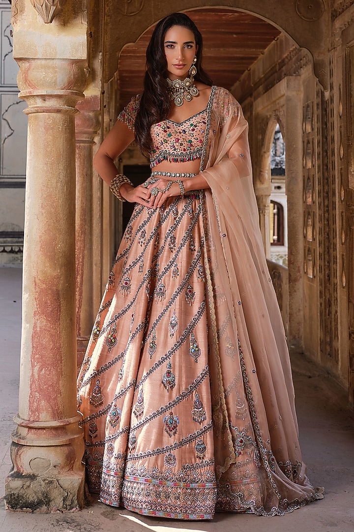 Blush Pink Raw Silk Swarovski Embroidered Bridal Lehenga Set by AMRIN KHAN at Pernia's Pop Up Shop