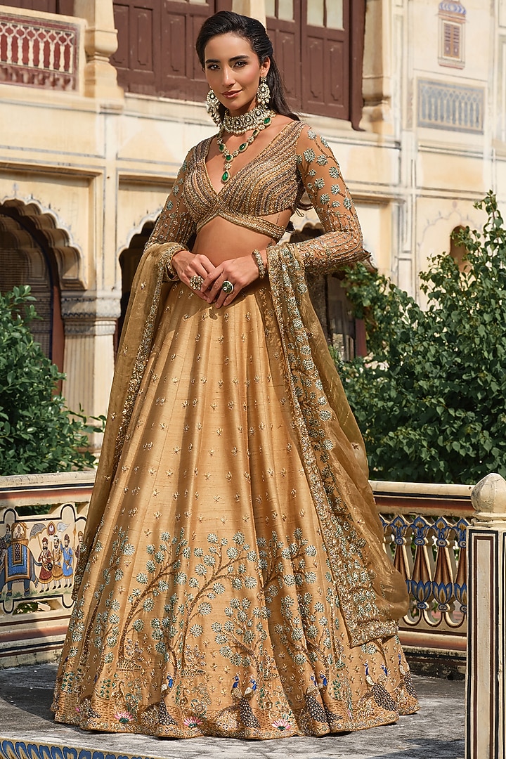 Gold Raw Silk Floral Motif Embroidered Bridal Lehenga Set by AMRIN KHAN at Pernia's Pop Up Shop