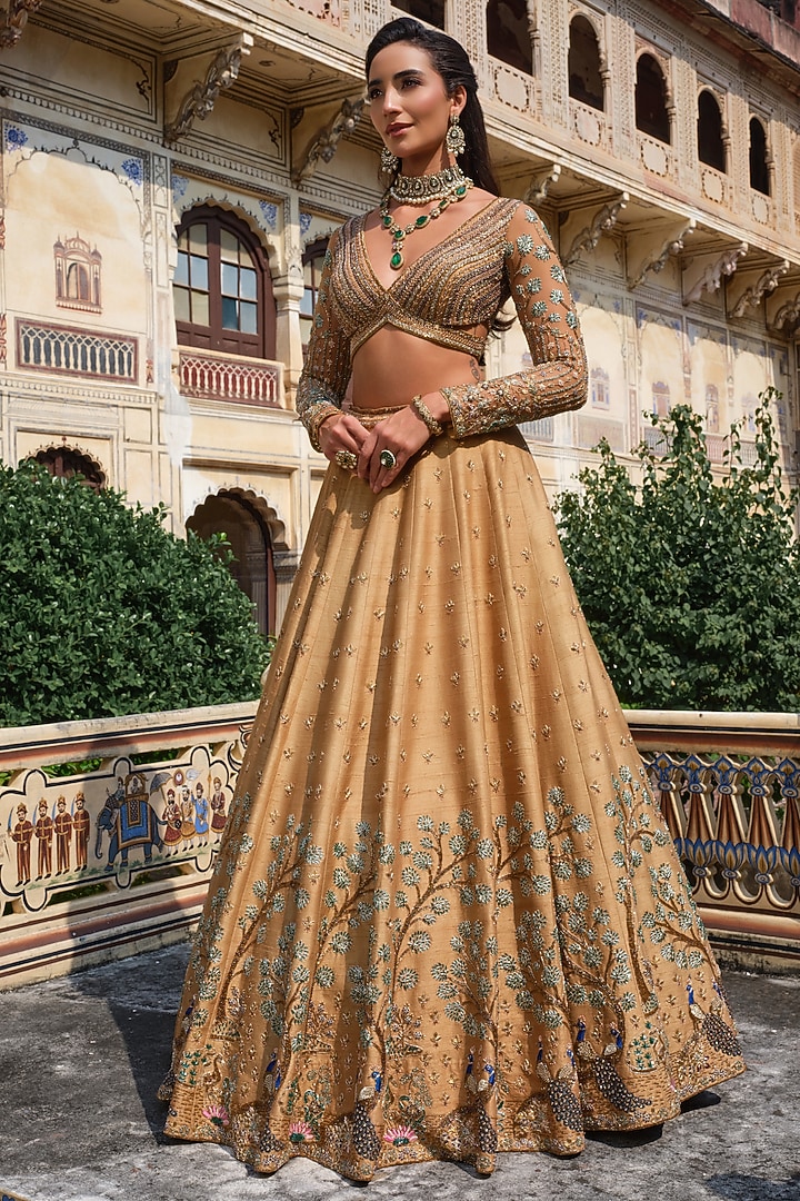 Gold Raw Silk Floral Motif Embroidered Bridal Lehenga Set by AMRIN KHAN at Pernia's Pop Up Shop