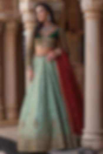 Mint Green Raw Silk Hand Embellished Bridal Lehenga Set by AMRIN KHAN at Pernia's Pop Up Shop