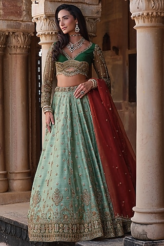 Mint Green Raw Silk Hand Embellished Lehenga Set by AMRIN KHAN