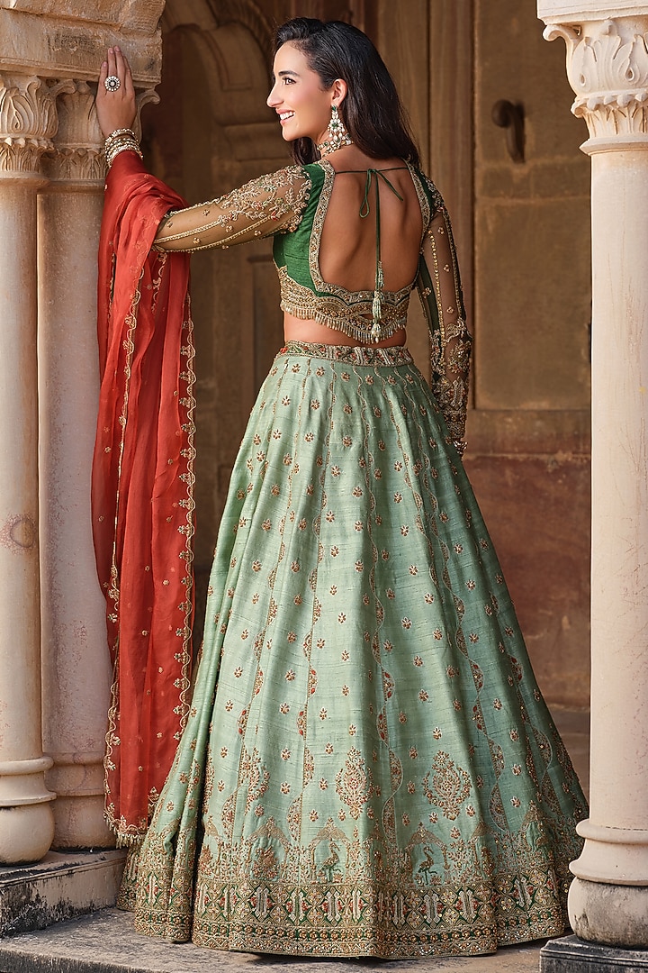 Mint Green Raw Silk Hand Embellished Bridal Lehenga Set by AMRIN KHAN at Pernia's Pop Up Shop