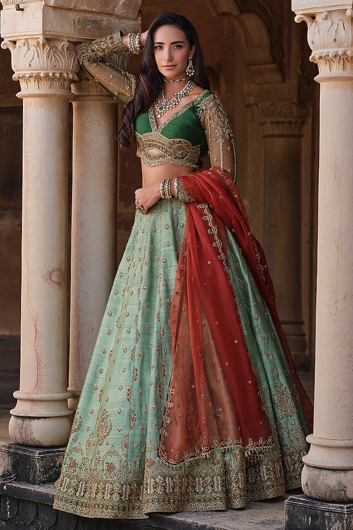 Mint Green Raw Silk Hand Embellished Bridal Lehenga Set by AMRIN KHAN at Pernia's Pop Up Shop