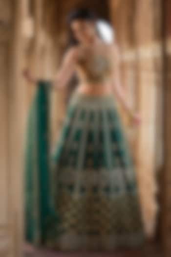 Bottle Green Raw Silk Zardosi Embroidered Bridal Lehenga Set by AMRIN KHAN at Pernia's Pop Up Shop