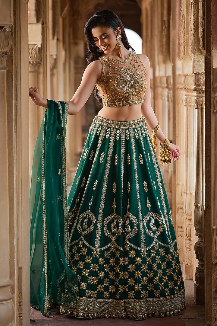 Bottle Green Raw Silk Zardosi Embroidered Bridal Lehenga Set by AMRIN KHAN at Pernia's Pop Up Shop