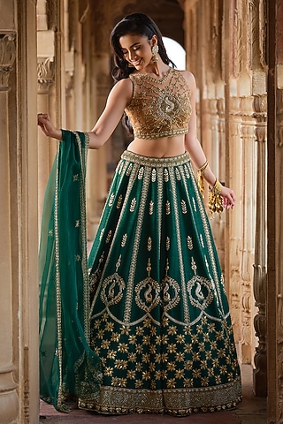 Bottle Green Raw Silk Zardosi Embroidered Lehenga Set by AMRIN KHAN
