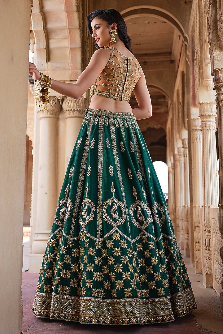 Bottle Green Raw Silk Zardosi Embroidered Bridal Lehenga Set by AMRIN KHAN at Pernia's Pop Up Shop