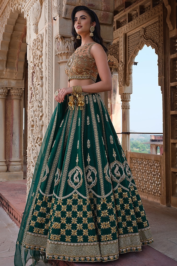 Bottle Green Raw Silk Zardosi Embroidered Bridal Lehenga Set by AMRIN KHAN at Pernia's Pop Up Shop