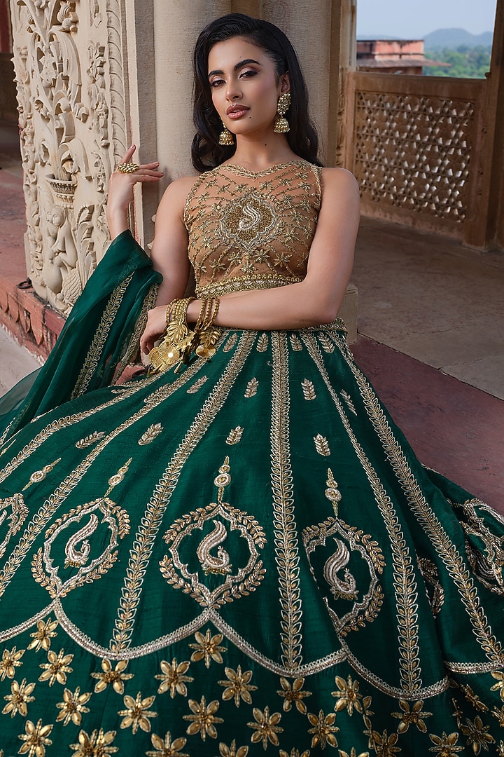 Bottle Green Raw Silk Zardosi Embroidered Bridal Lehenga Set by AMRIN KHAN at Pernia's Pop Up Shop