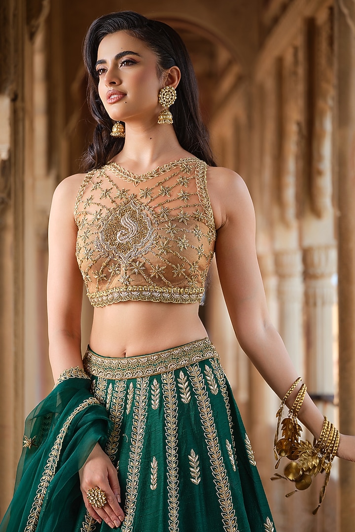 Bottle Green Raw Silk Zardosi Embroidered Bridal Lehenga Set by AMRIN KHAN at Pernia's Pop Up Shop