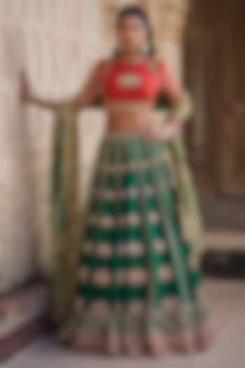 Green Raw Silk Floral Hand Embroidered Bridal Lehenga Set by AMRIN KHAN at Pernia's Pop Up Shop