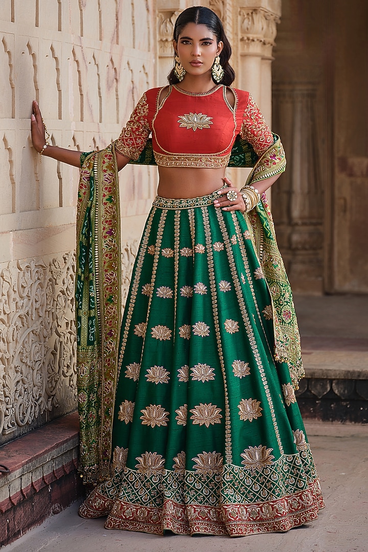 Green Raw Silk Floral Hand Embroidered Bridal Lehenga Set by AMRIN KHAN at Pernia's Pop Up Shop